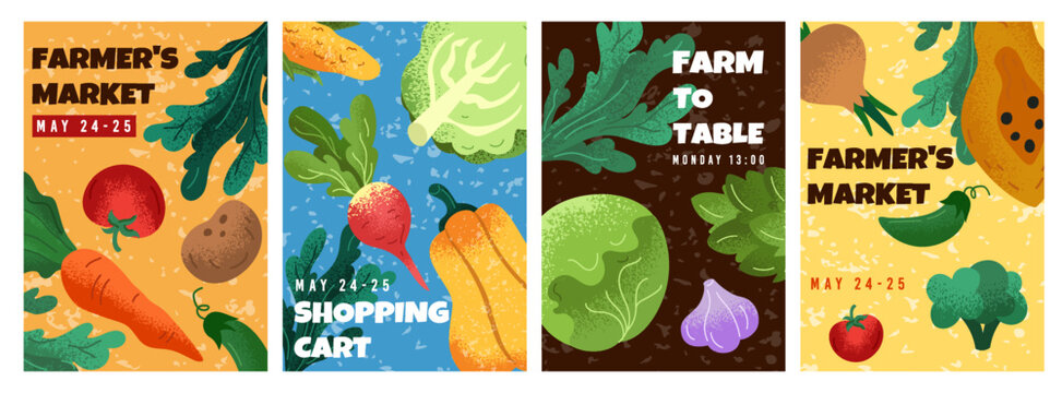 Vegetable market farm. Poster texture. Harvest plant, local crop. Grocery fresh. Cartoon garden of fruit. Produce vegetation. Shop goods template. Backgrounds agriculture. Vector tidy isolated set