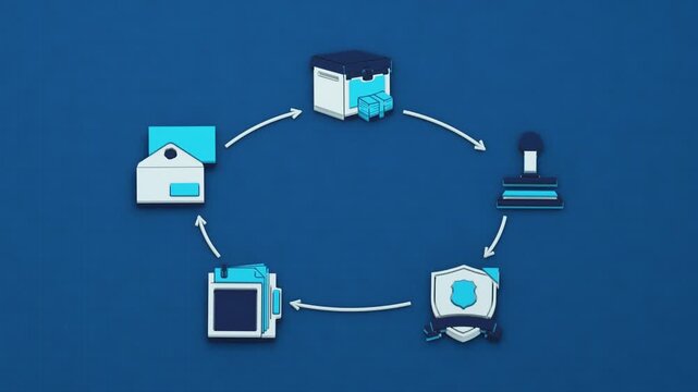 An established escrow procedure coordinates funding, lien release and title paperwork, with indemnity securing completion of the transaction. Flat 3D style.