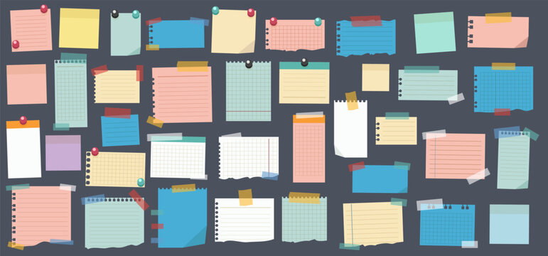 School paper sticker. Notice on wall. Paperclip on board. Adhesive notebook. Post office element. Stationery collage information. Note design, templates for writing. Vector flat style isolated set