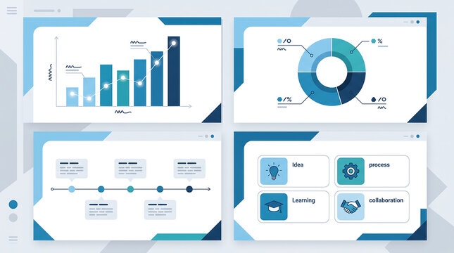 Isometric business dashboard interface with data analytics charts and a step-by-step milestone workflow process infographic