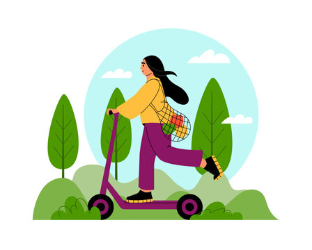 Woman riding scooter. Sustainable urban mobility and daily eco transport, green life, girl with grocery food. Delivery character. Healthy activity. Vector cartoon flat style isolated illustration