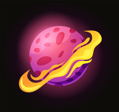 Flaming alien planet icon. Stylized cosmic fantasy space element for sci‑fi game assets and modern graphic design. Glowing gradient logo with neon light. Vector cartoon flat isolated illustration