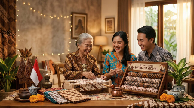 Indonesian Family Celebrating National Batik Day and Making Traditional Batik at Home