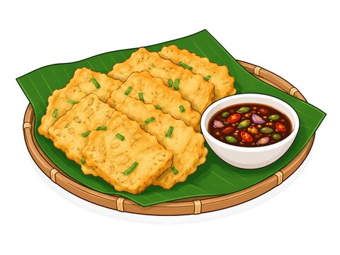 Indonesian Fried Tempeh Tempe Mendoan with Soy Sauce Dip Vector Illustration