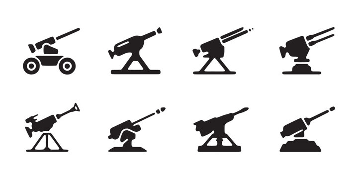 Artillery gun vector set featuring multiple military weapon illustrations for combat and defense.