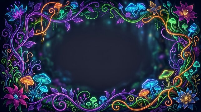 Psychedelic halloween botanical frame featuring glowing neon mushrooms and plants