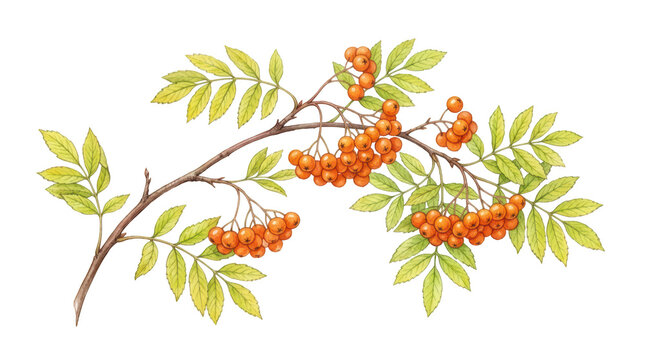Watercolor illustration of a rowan branch with orange berries isolated on transparent background