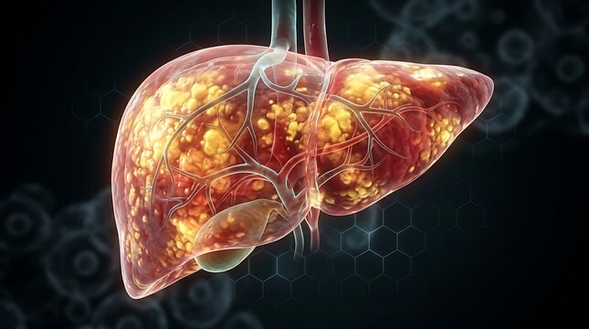 Fatty liver disease illustration: steatosis in human liver with visible fat deposits and blood vessels
