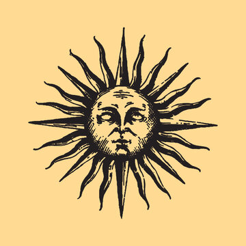 Vintage sun drawing with human face and rays illustration astronomy celestial radiance engraving mythology monochrome ornament decorative background creative mystical astrology detailed
