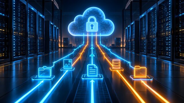 Glowing cloud computing icon with padlock above digital data streams and folder icons in a secure server room environment