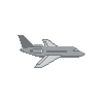 Pixel art airplane flying on white background.