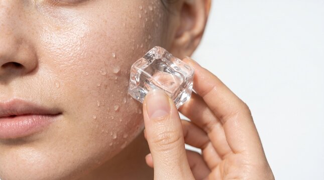 Extreme close-up of a young woman gliding a clear ice cube over her cheekbone, water droplets glistening on radiant bare skin, minimal studio backdrop with copy space, high-end commercial beauty photo