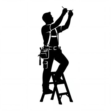 Electrician silhouette standing on stepladder fixing overhead wiring