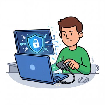 Man using hardware security key for laptop data protection