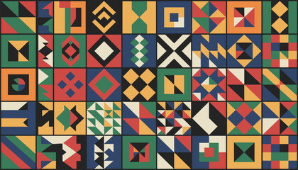 Obraz premium Retro geometric pattern background consisting of colorful square tiles with various abstract shapes and stripes.