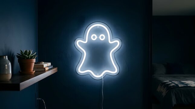 Neon Ghost Wall Sign Glowing in Dark Room for Halloween Decor