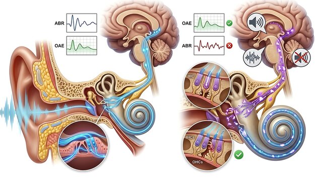 Detailed Medical Illustration of the Auditory System Showing Sound Entry and Brain Signal Processing