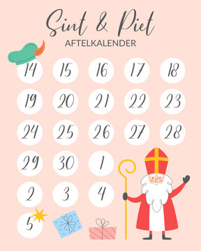 Sinterklaas Advent Calendar 2026. Aftelkalender (translation from Dutch - advent calendar). Festive countdown for children. Great for kids printable products. Vector illustration.