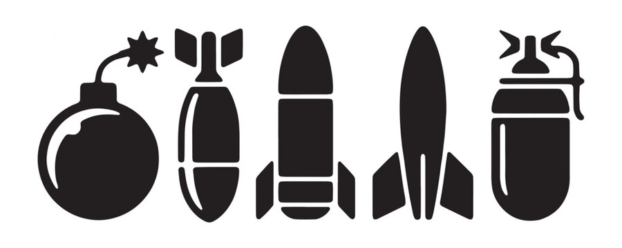 Various explosive weapon icons including bombs and rockets for military game and security design.