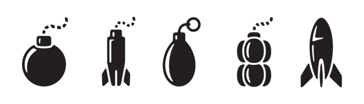 Assorted vintage bomb and missile icons set featuring rounded explosives for military weaponry art.