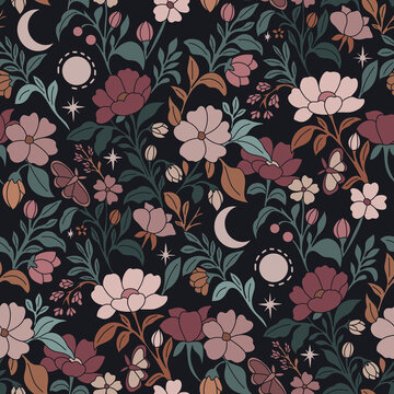 Dark celestial floral seamless pattern with crescent moons butterflies stars and botanical flowers in dusty rose sage green and terracotta