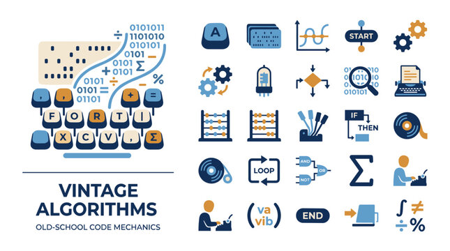 Retro Programming and Vintage Algorithms Concept with Icons Fortran Binary Flowcharts Abacus and Code Mechanics