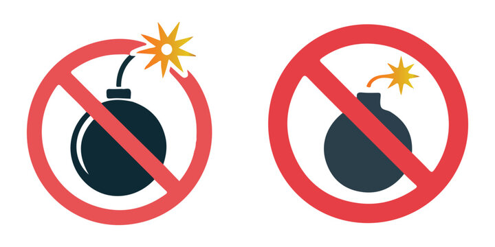 No bomb prohibited sign with explosive sphere and burning fuse in red circle for safety regulations.