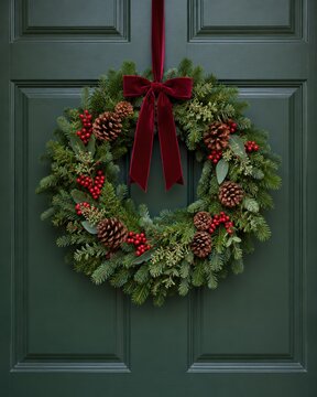 Traditional Christmas Wreath with Red Berries on a Dark Green Door
