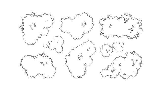 A collection of tree top view symbols for architectural and landscape design plans. Black and white line drawing illustrations for mapping and site plans