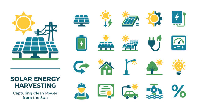 Solar Energy Harvesting Icons Set Clean Power for Homes Cars and Industry