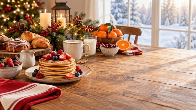 Cozy Christmas Morning Breakfast Table with Festive Decorations
