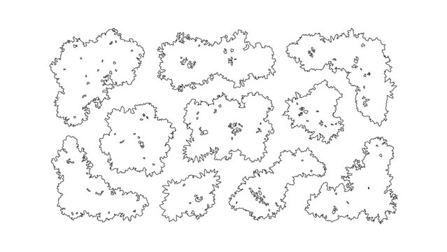 A collection of tree top view symbols for architectural and landscape design plans. Black and white line drawing illustrations for mapping and site plans
