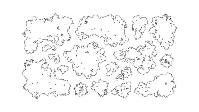 A collection of tree top view symbols for architectural and landscape design plans. Black and white line drawing illustrations for mapping and site plans