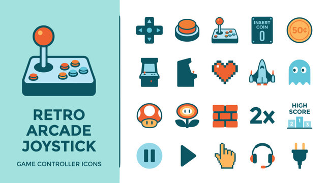 Retro Arcade Joystick and Game Controller Icons Set for Gaming Design