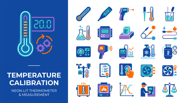 Temperature Calibration Icons Thermometer Thermal Camera Gauge and Hvac Fan for Measurement and Control