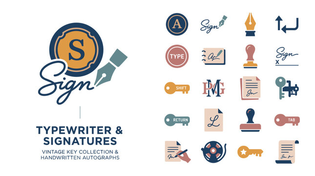 Vintage Typewriter Signatures and Keys Icons Collection for Authenticity and Document Design