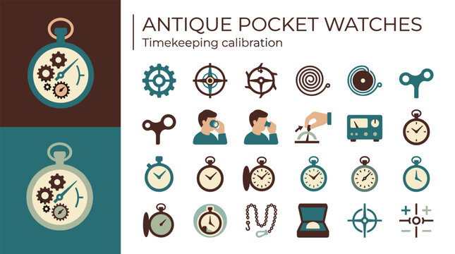 Antique Pocket Watch Collection Timekeeping Calibration Icons and Elements