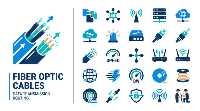 Fiber Optic Cables Data Transmission and Network Icons