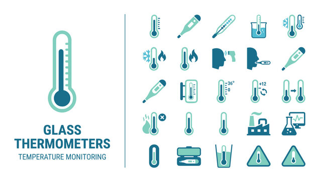 Collection of Glass and Digital Thermometer Icons for Temperature Monitoring and Healthcare
