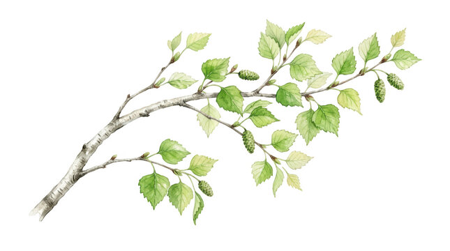 Watercolor illustration of a birch tree branch with green leaves and catkins isolated on transparent background