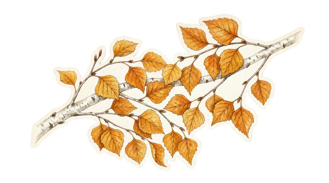 Watercolor illustration of a birch tree branch with autumn leaves isolated on transparent background