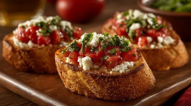 Fresh bruschetta with diced tomatoes feta cheese and herbs on crispy toasted bread