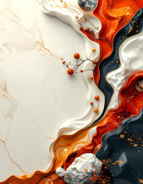 Abstract fluid background with contemporary Korean mother-of-pearl inspired lacquer texture and red berries