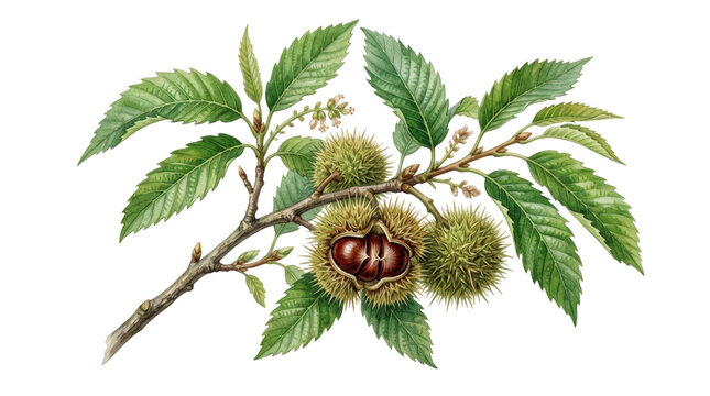 Botanical illustration of a sweet chestnut branch with nuts isolated on transparent background