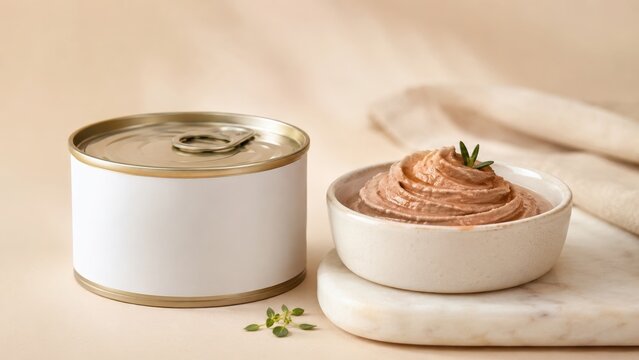 blank white pet food tin can beside ceramic bowl of smooth meat pate with fresh herbs on cream surface