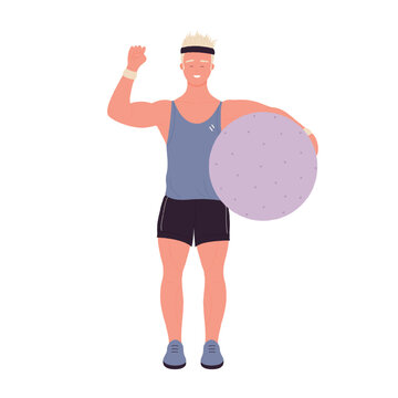 Male trainer with fitness ball. Sport training coach, group athletic exercise vector illustration