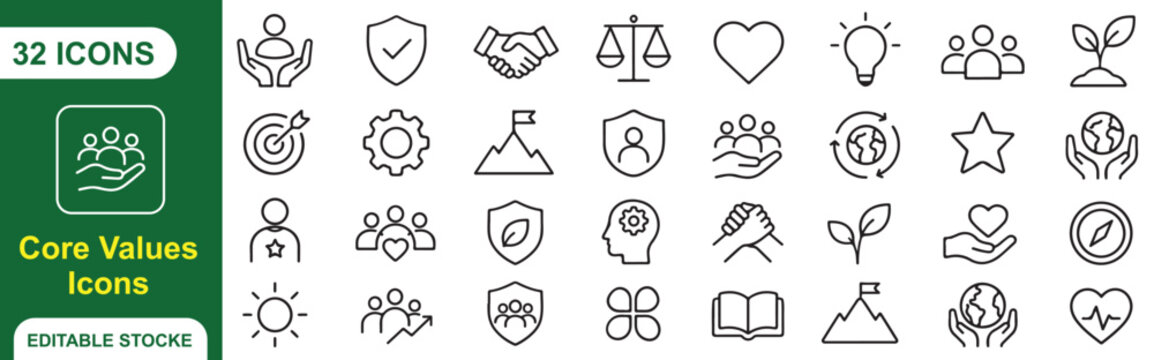 32 Core Values Vector Outline Icons Set &ndash; Ethics, Integrity, Teamwork, Trust, Leadership and Business Values Line Symbols Collection