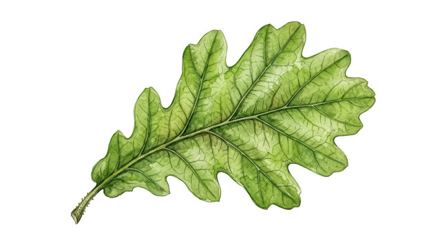 Watercolor illustration of a green oak leaf isolated on transparent background