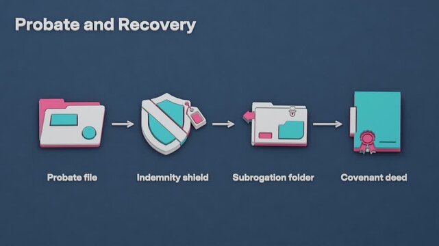 An estate enters probate, indemnity covers the loss, subrogation seeks recovery, and a covenant deed records obligations. Flat 3D style.