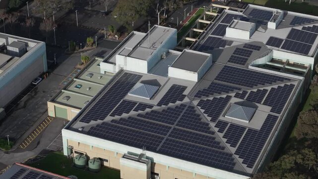 Melbourne, VIC, Australia - 03 September 2026: Aerial view of the Knox Data Centre featuring extensive solar panel arrays on its flat roof.